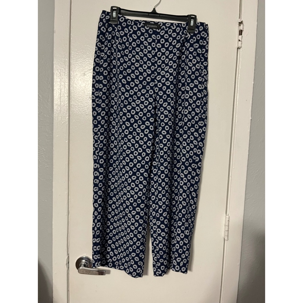 Talbots Womens 4 Navy‎ Blue White Daisy Floral Straight Leg High Rise Pants